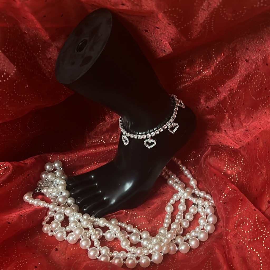New! Hollow Love Heart Tassel Pendant Bling Anklet With Shiny White Rhinestones